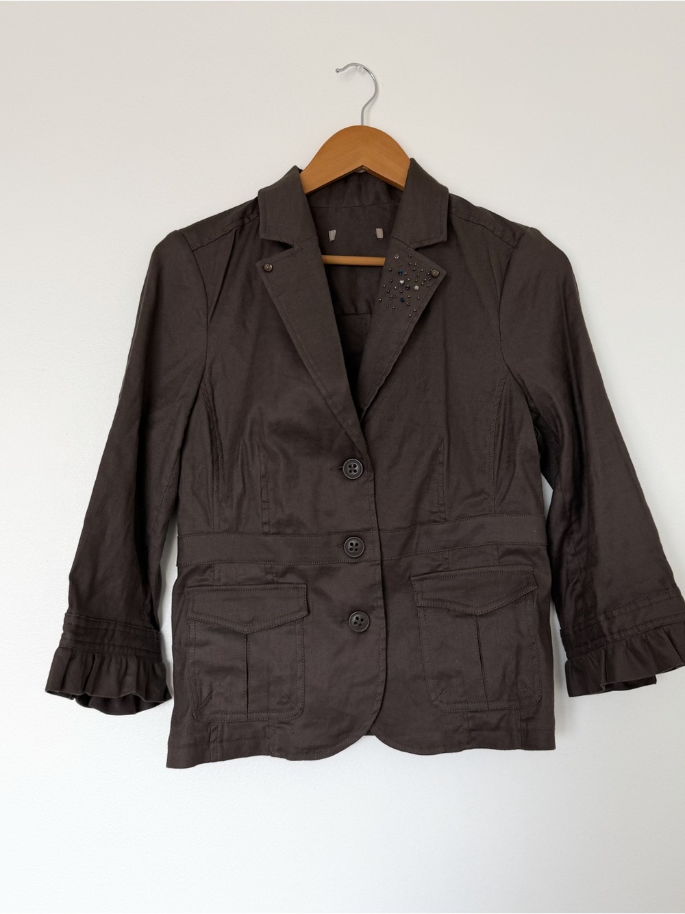 3/4 length sleeve Taupe Blazer Jacket with Rouged Details and Bedazzled Lapel
